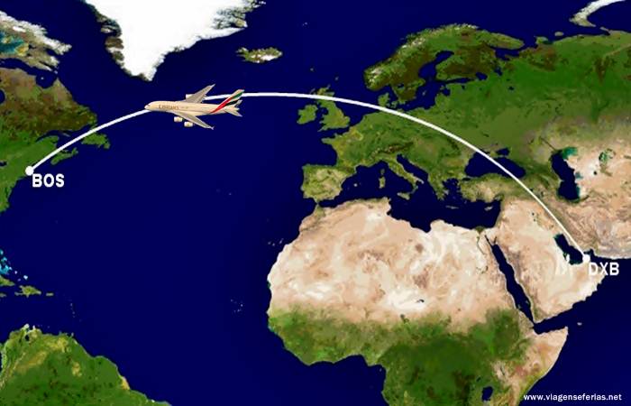 Mapa da rota ente o Dubai e Boston pela companhia Emirates 