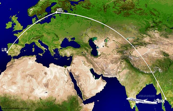 Mapa da Rota do voo entre Lisboa e Bangkok via Helsínquia