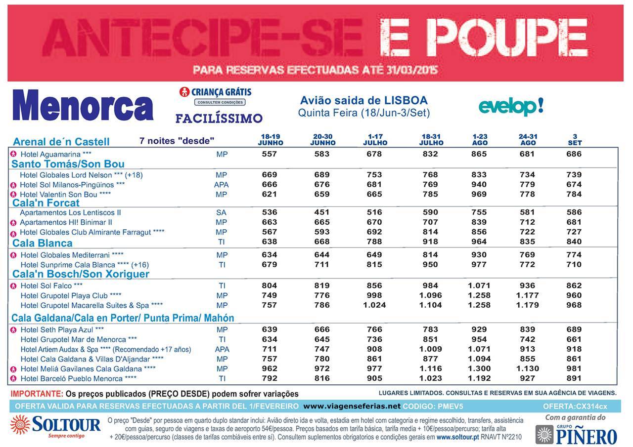 Antecipação Menorca Verão 2015 a 536€
