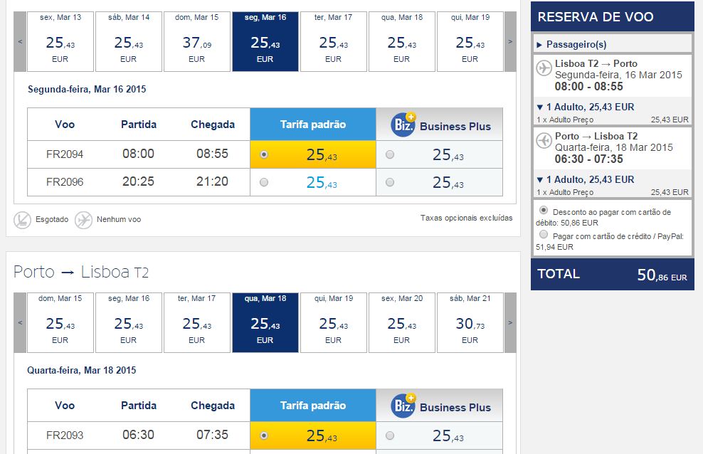 Preços upgrade gratis Ryanair Março Abril 2015
