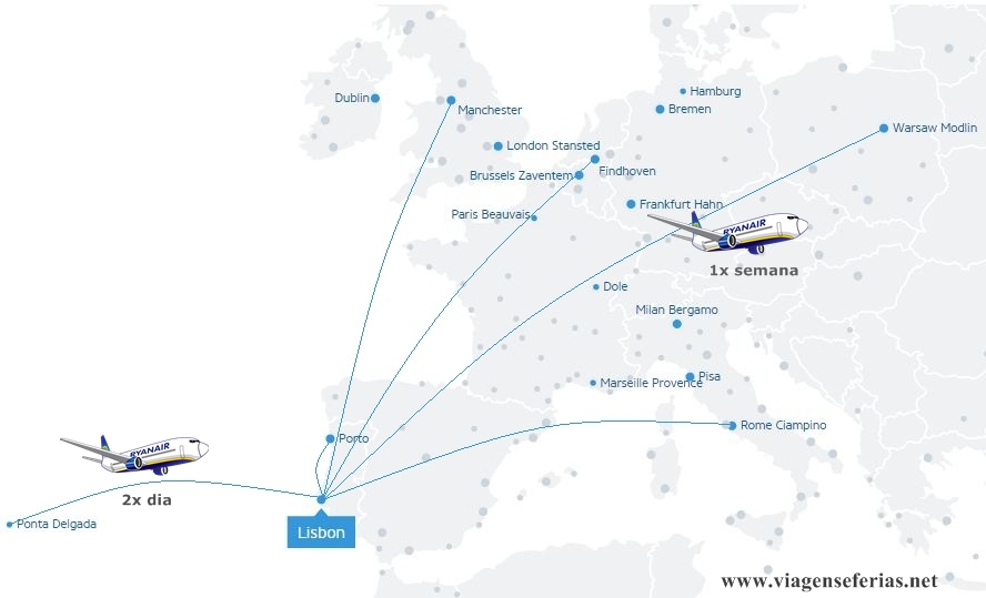 Rotas base de Lisboa Ryanair Inverno 2015