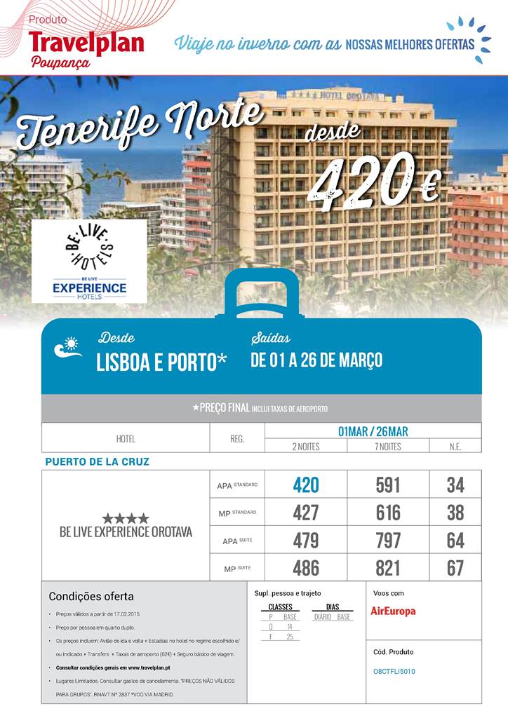 Tenerife Norte saídas Março desde 420€