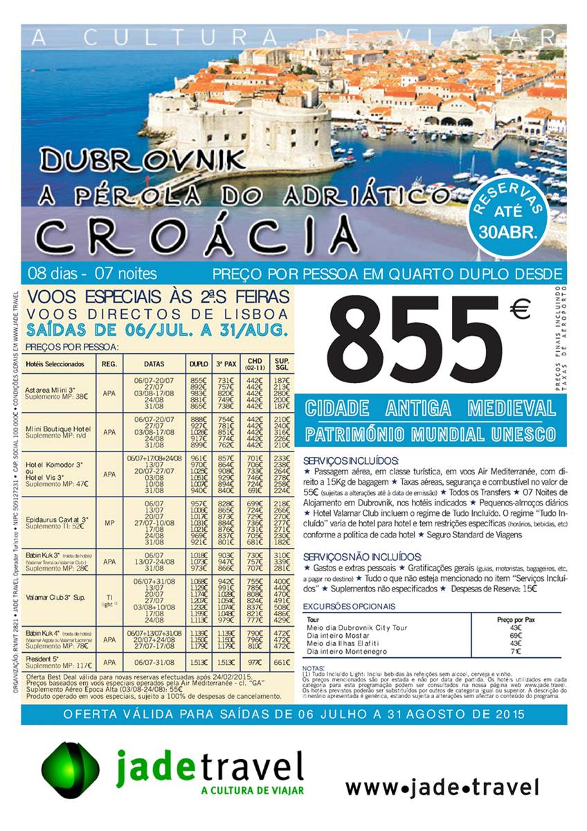 Dubrovnik Julho Agosto 2015 desde 855 euros