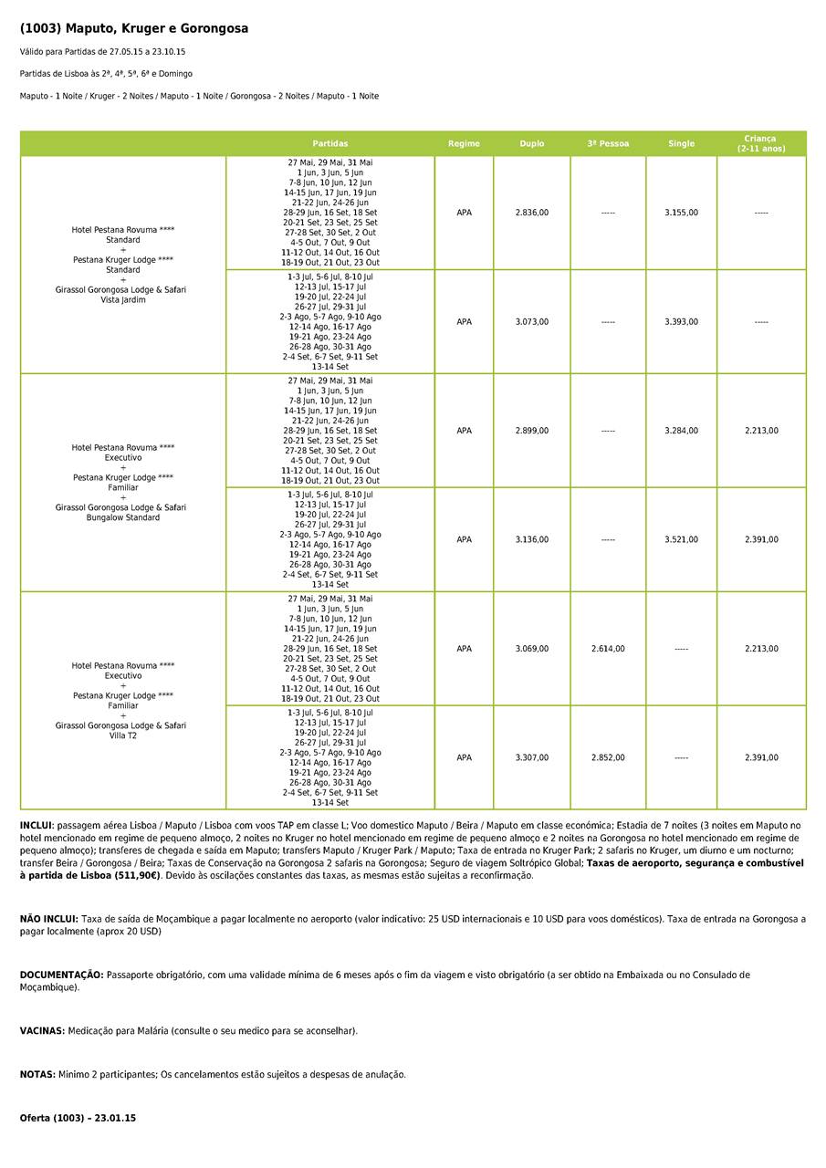 Hoteis e preços para Maputo Gorongosa e Kruger