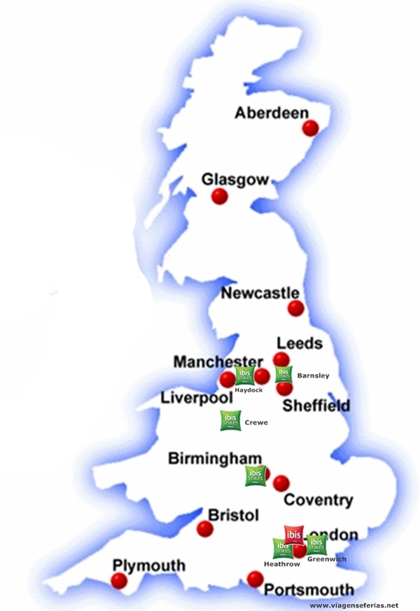 Mapa novos hotéis Ibis no Reino Unido