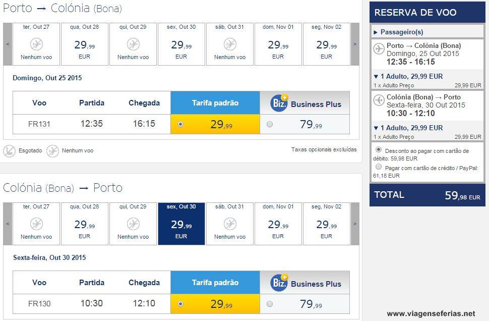 Preço bilhete de avião Porto Colónia pela Ryanair