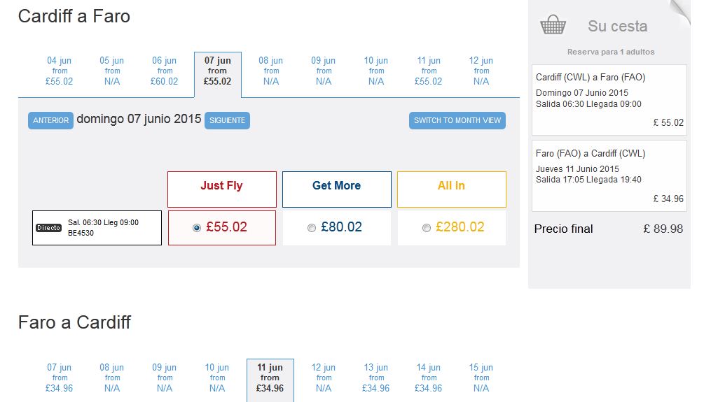 Preço voos Cardiff para Faro Flybe