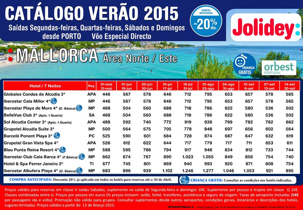 Venda Antecipada Férias Maiorca Zona Norte Este Verão 2015