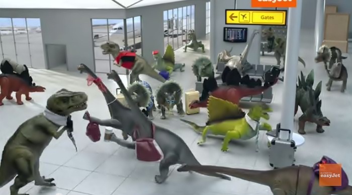 Corrida de dinossauros no embarque da easyJet