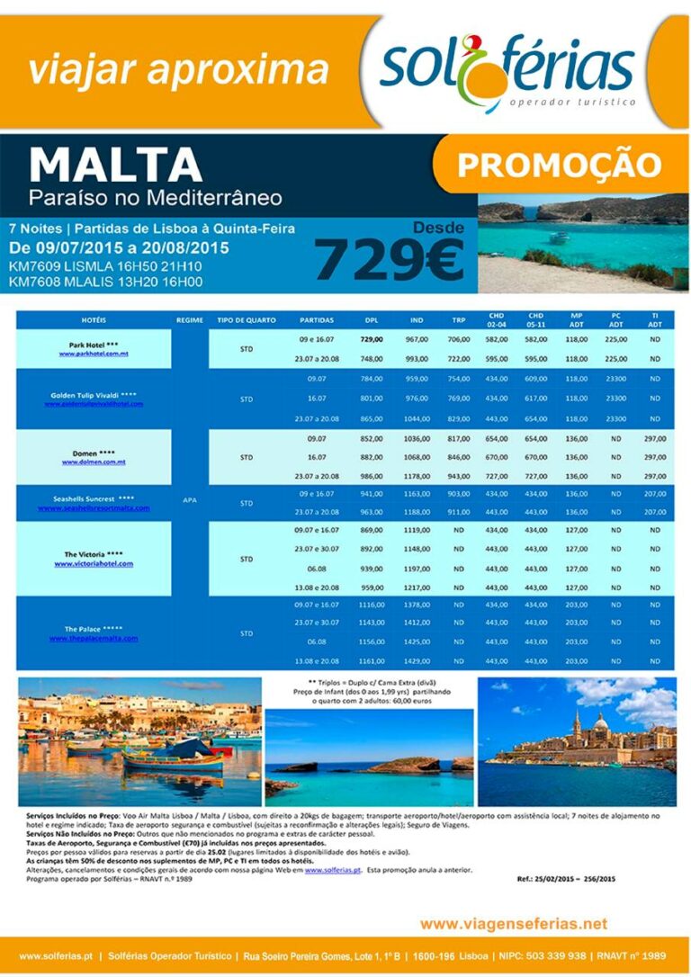 Promoção Férias na ilha de Malta de 9-7 a 20-8-2015
