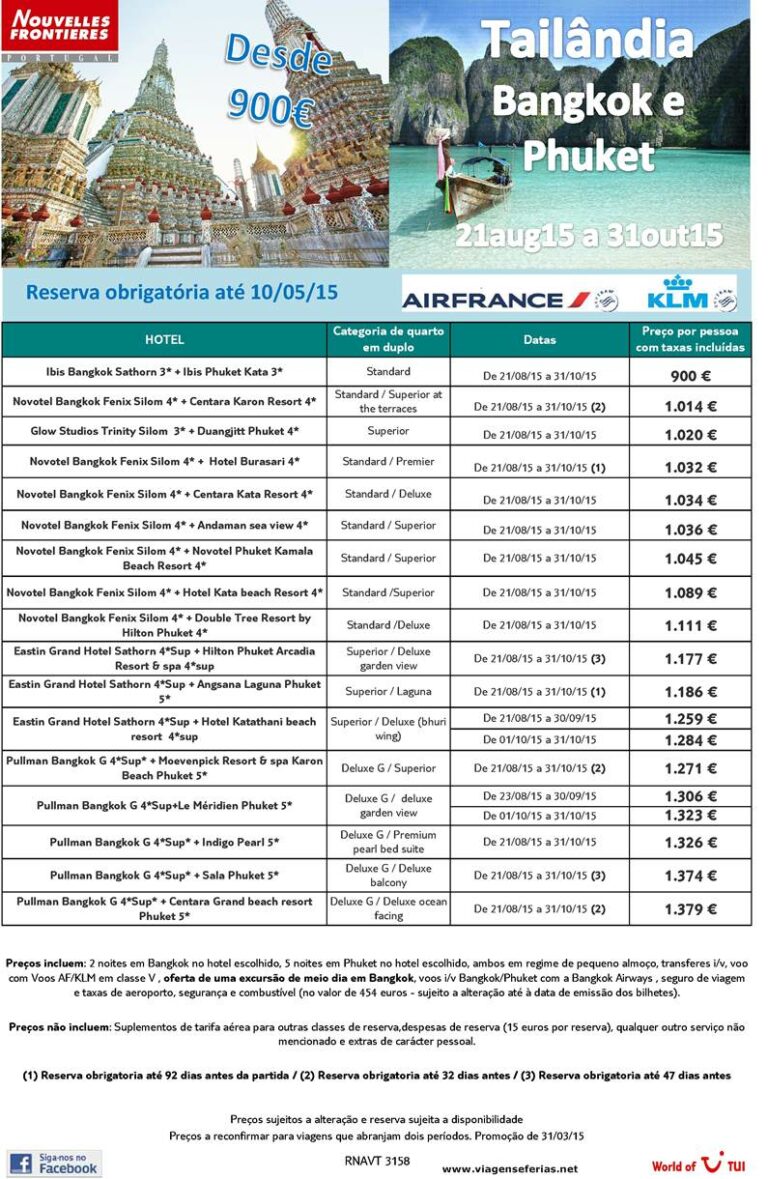 Bangkok e Phuket desde 900€ saídas de 21-08 a 31-10