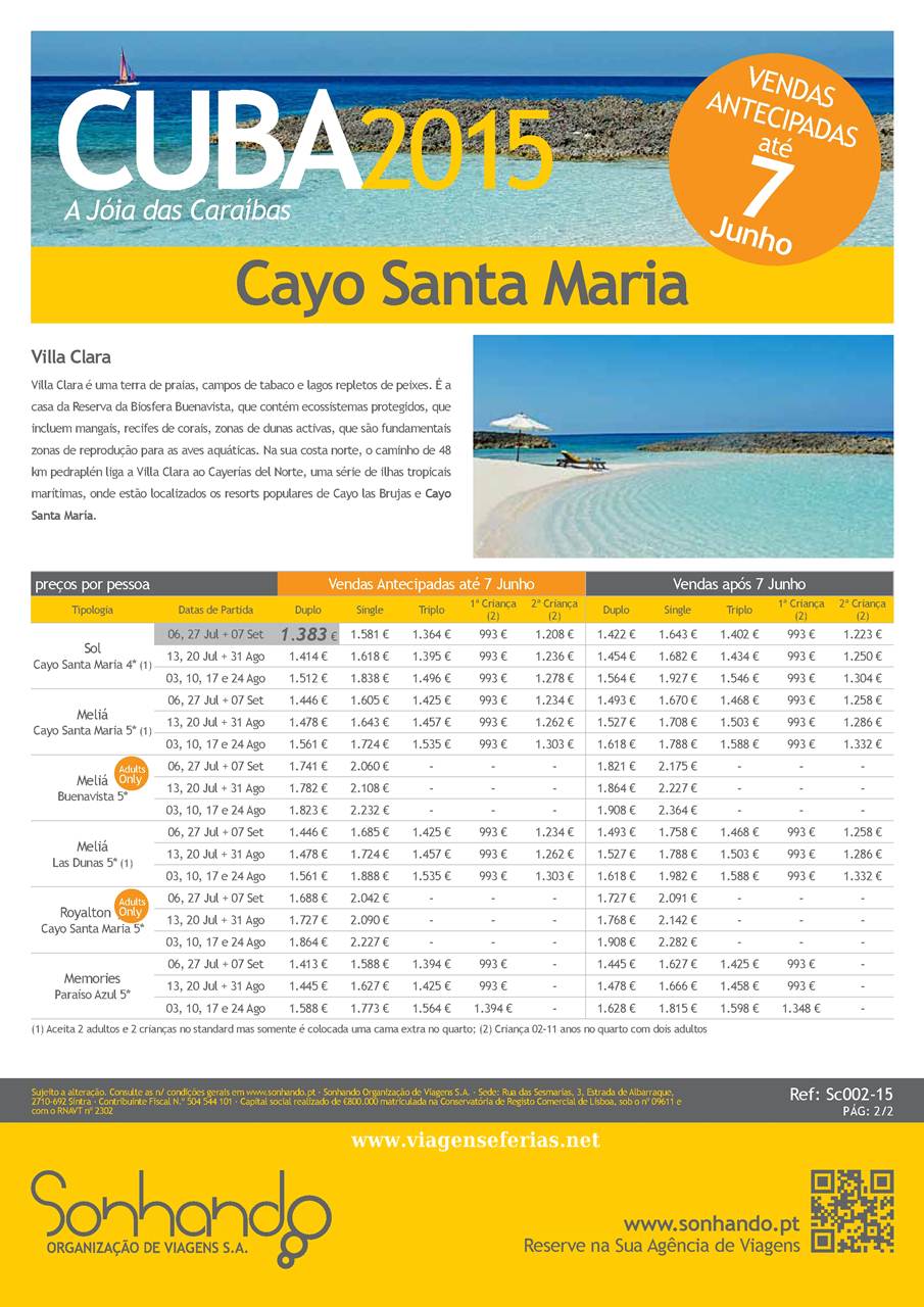 Cayo Santa Maria desde 1383€ em Julho e Agosto 2015