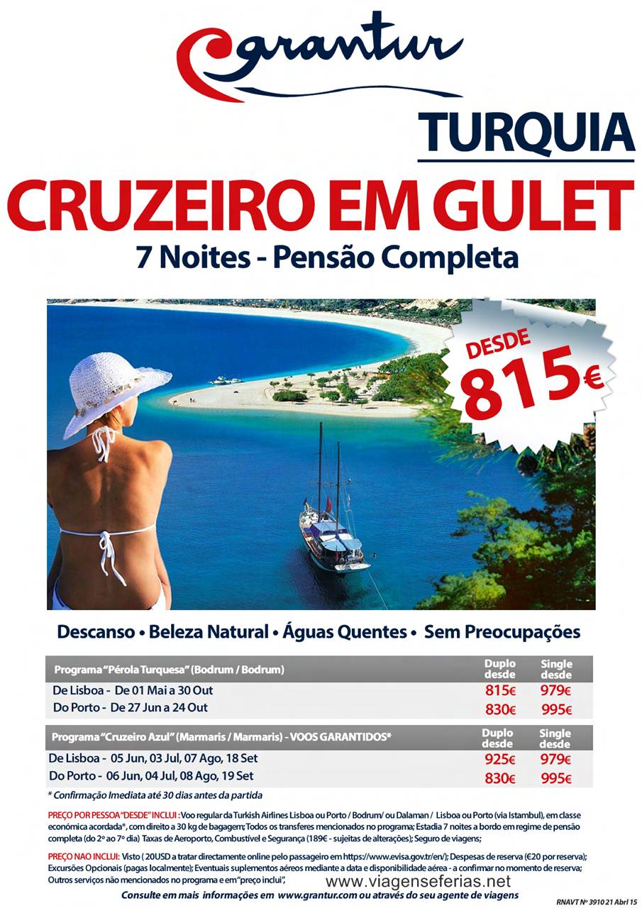 Cruzeiro Gulet Turquia de Maio a Outubro 2015 desde 815€