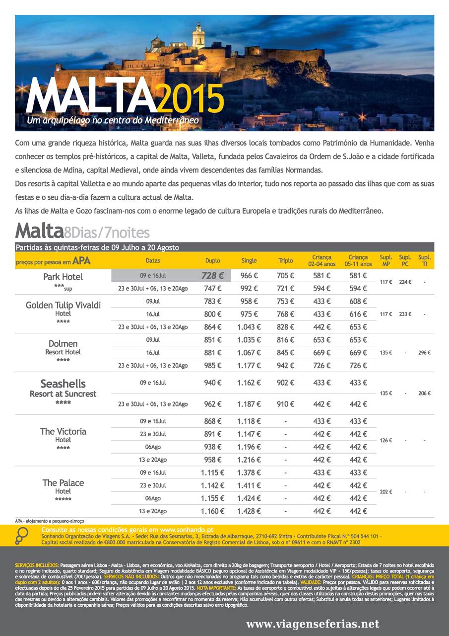 50€ de desconto nas Férias em Malta Julho e Agosto 2015