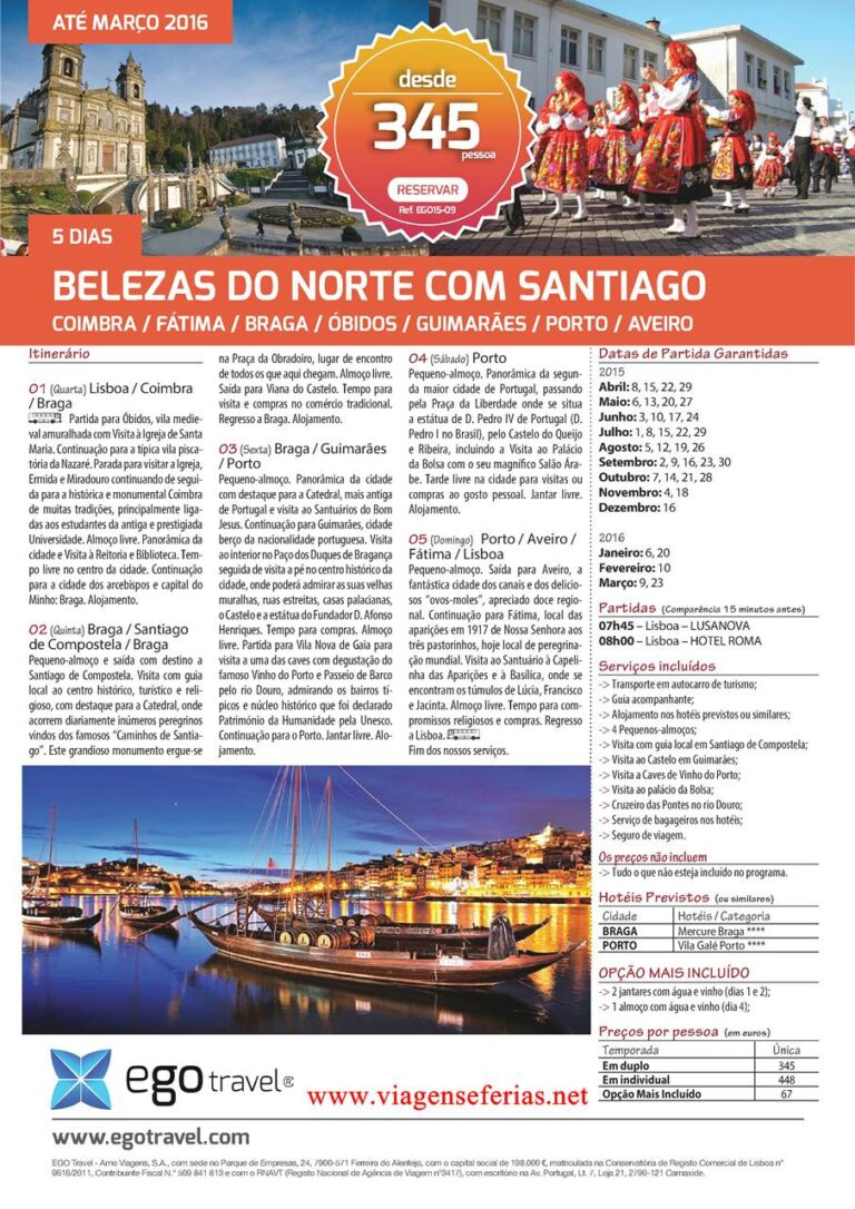 Desde 345€ excursão norte de Portugal até Março 2016