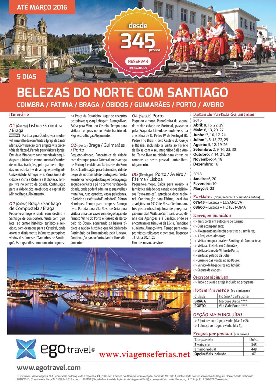 Desde 345€ excursão norte de Portugal até Março 2016