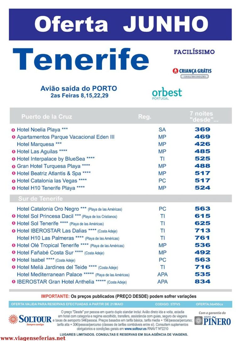 Desde 369€ Férias em Tenerife Junho 2015