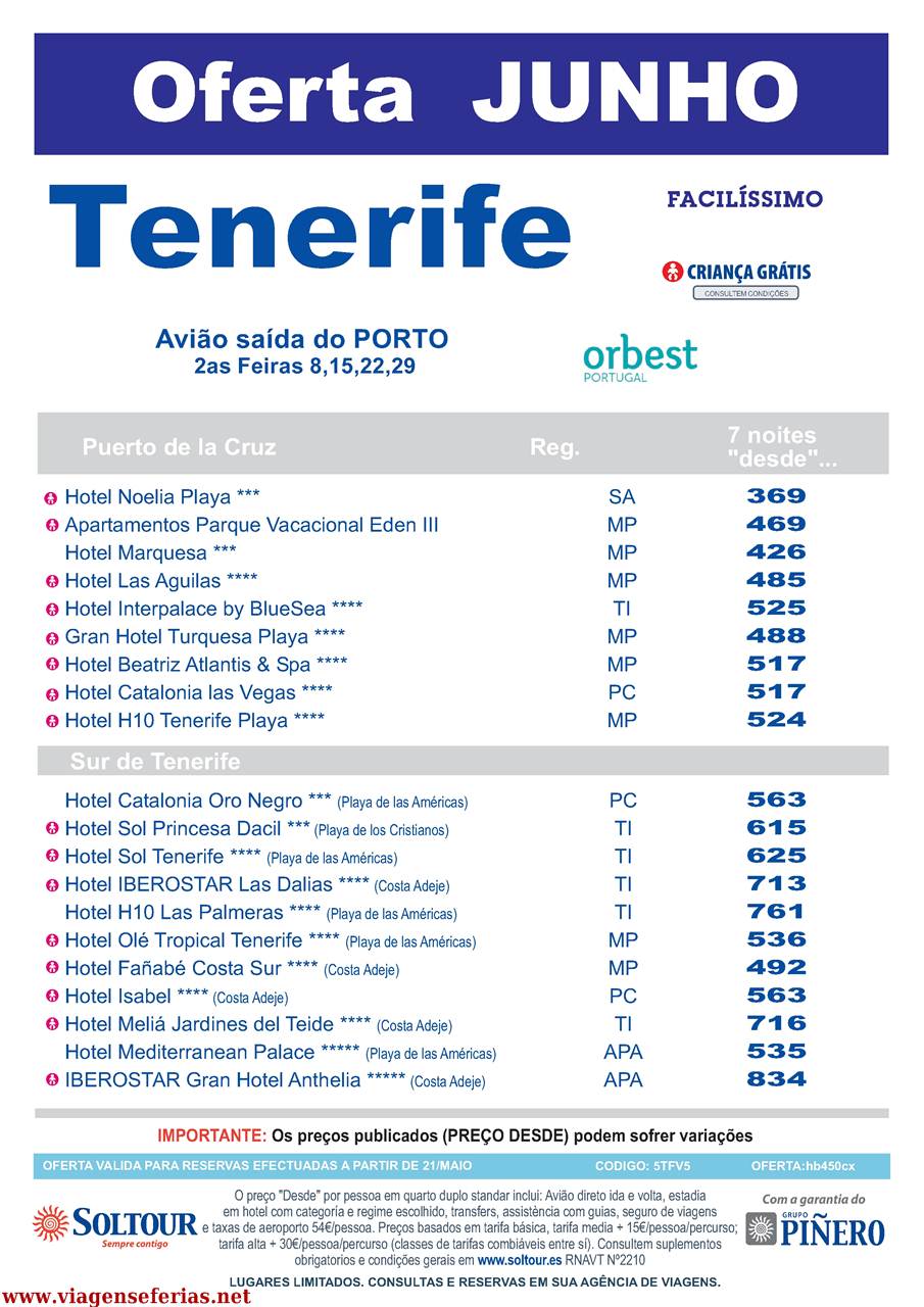 Desde 369€ Férias em Tenerife Junho 2015