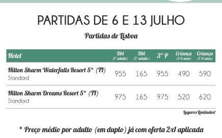 2 por 1 partidas 6 e 13 de Julho 2015 em Sharm el Sheikh