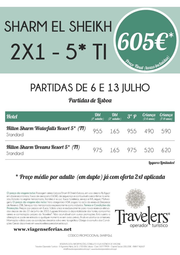 2 por 1 partidas 6 e 13 de Julho 2015 em Sharm el Sheikh