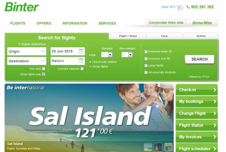 Cabo verde no site da Binter Canárias