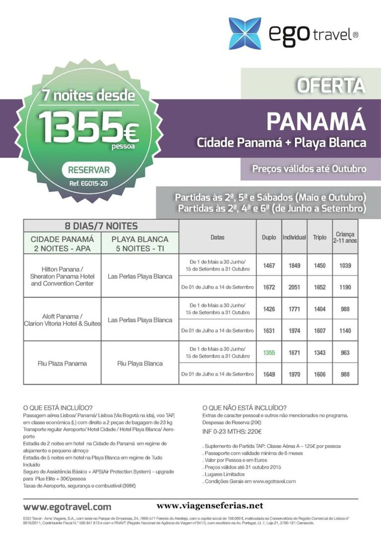 Até 31-10-2015 Férias cidade do Panamá e Playa Blanca