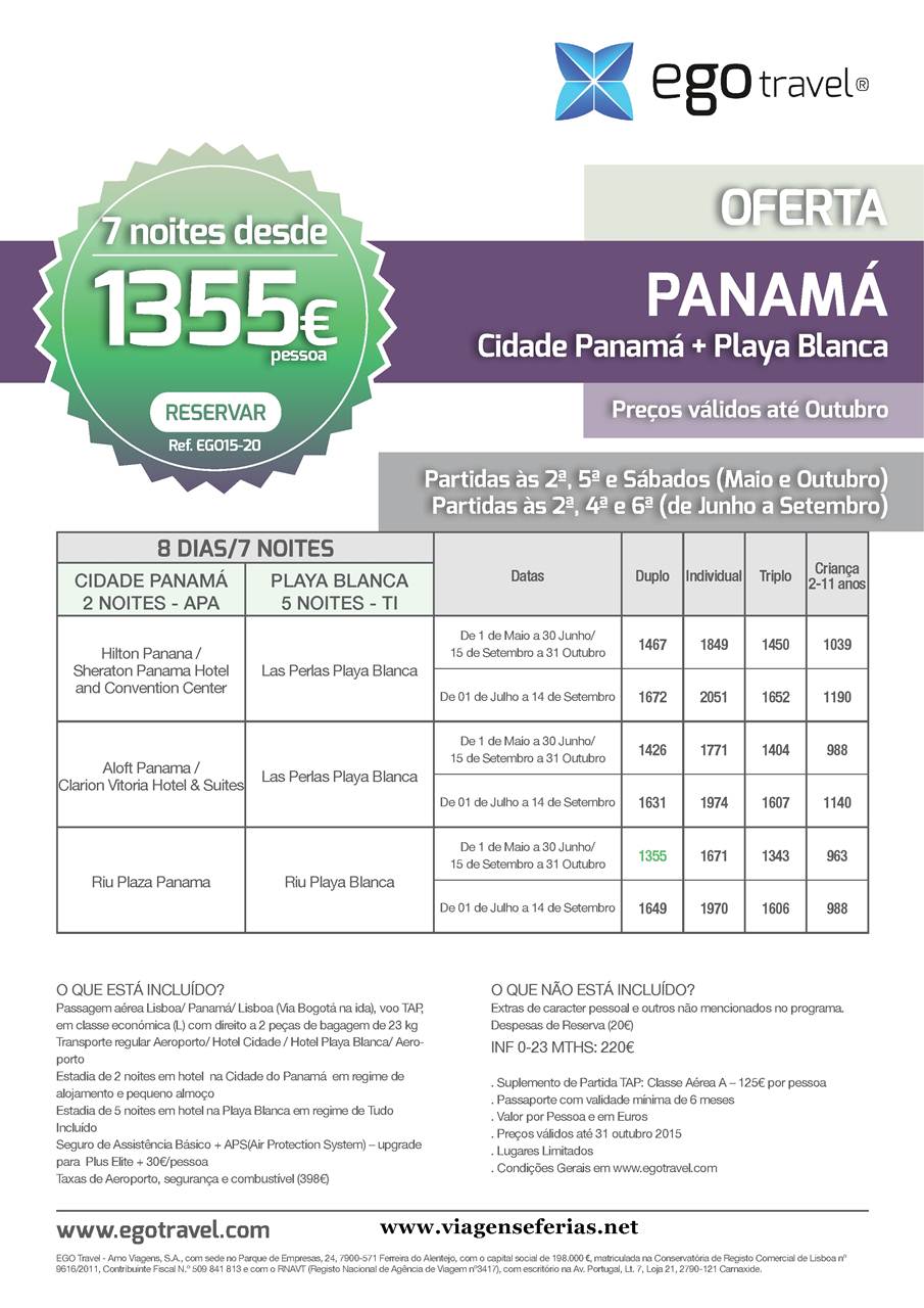 Até 31-10-2015 Férias cidade do Panamá e Playa Blanca