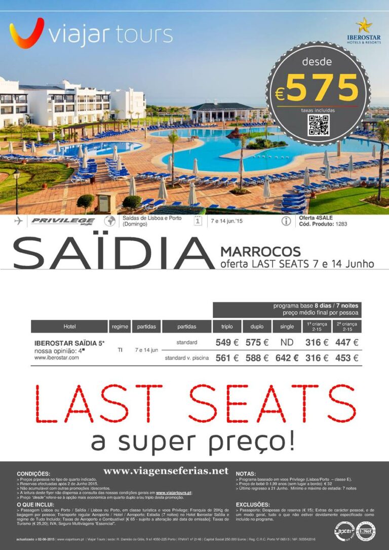 Saídas 7 e 14 de Junho para Férias em Saidia