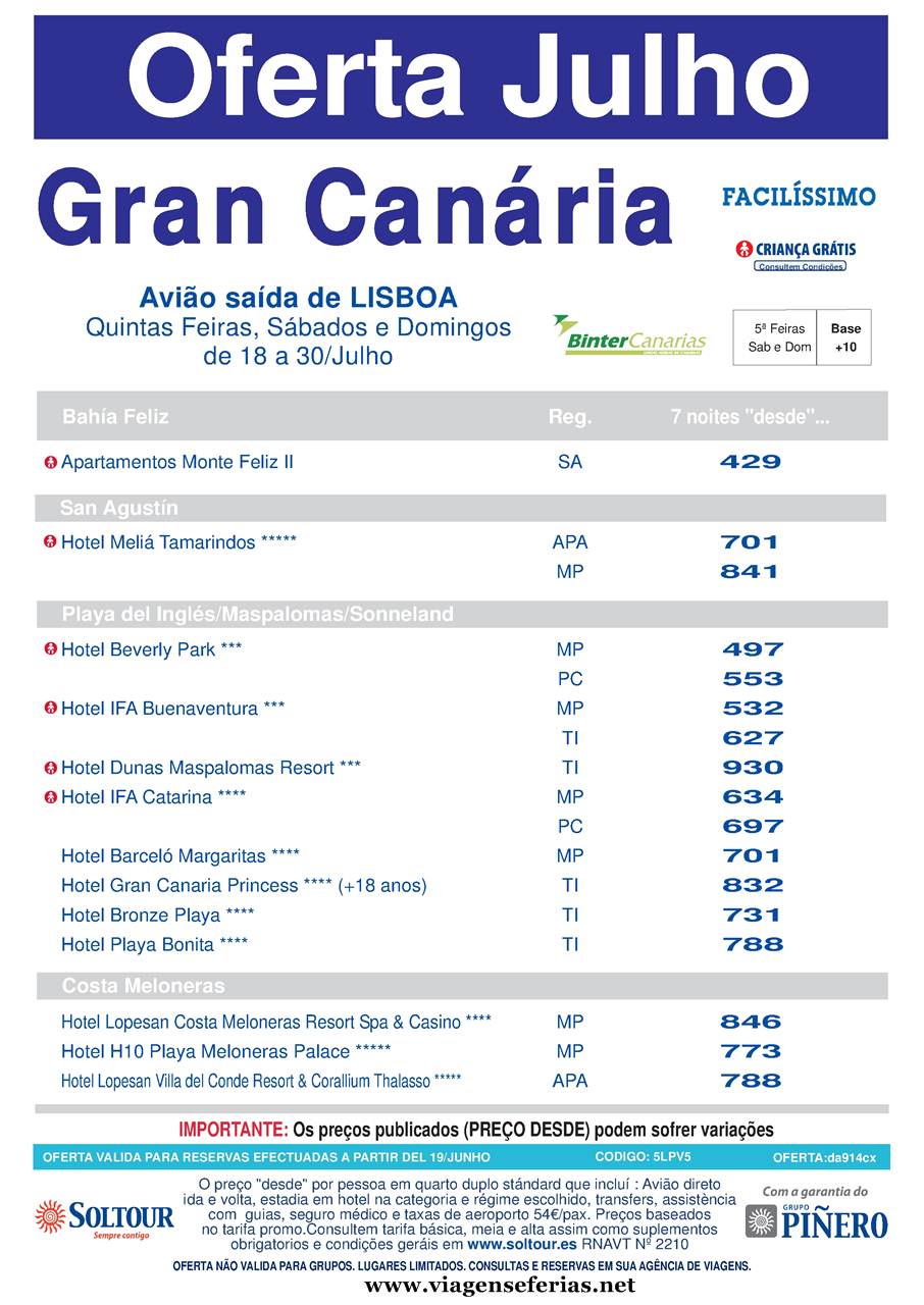 18 a 30 de Julho 2015 para Gran Canária em promoção ultima hora