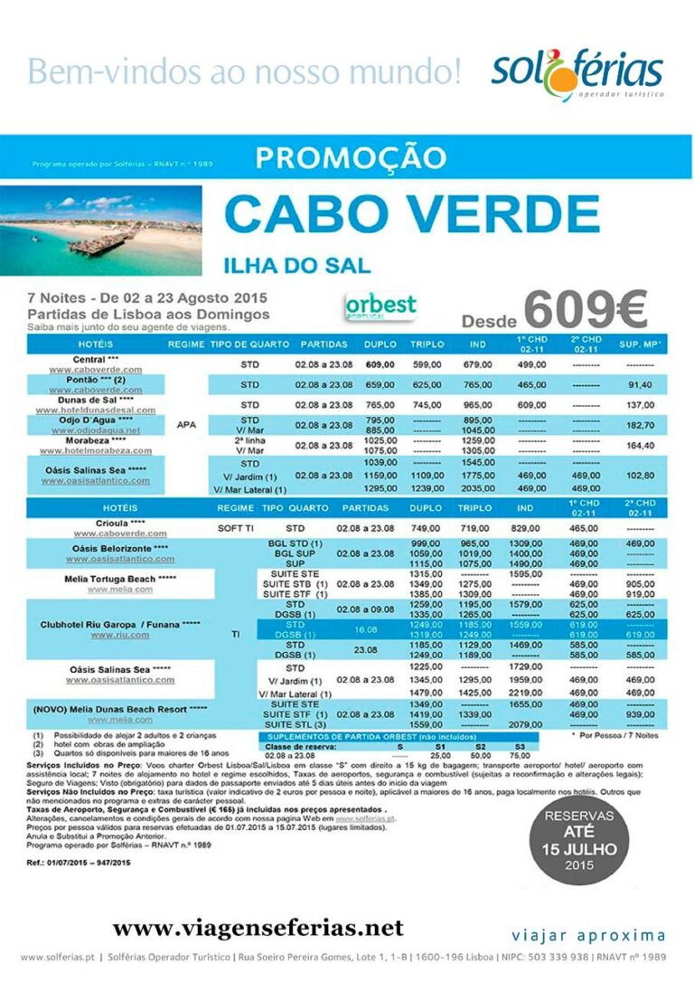 De 2 a 23 de Agosto 2015 Promoção Férias na ilha do Sal