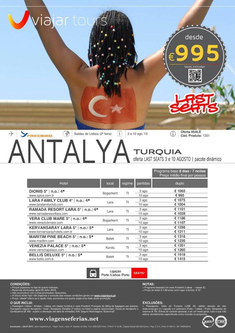 Ultimos lugares a 3 e 8 Agosto para Antalya na Turquia