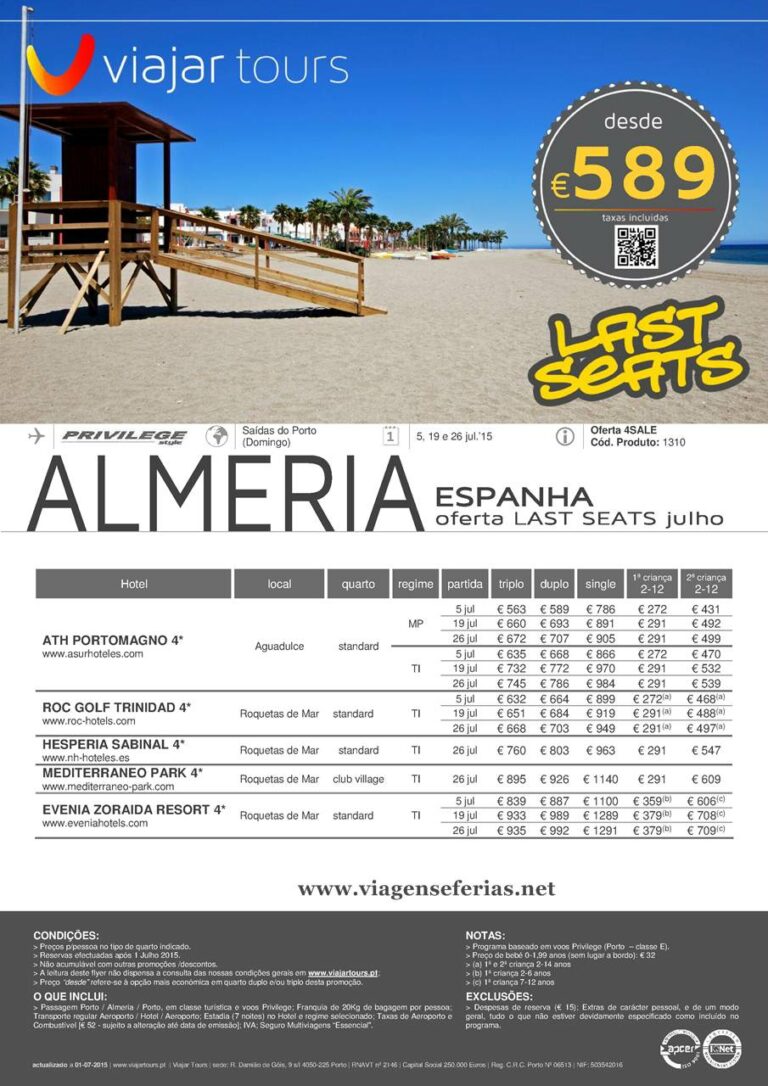 Desde 589€ sáidas em Julho do Porto para Férias em Almeria