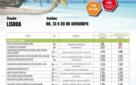 Partidas em Setembro 2015 desde 935€ para Punta Cana