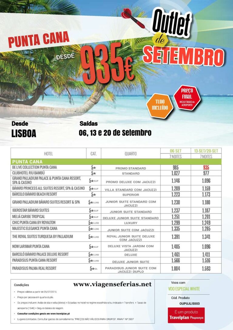 Partidas em Setembro 2015 desde 935€ para Punta Cana
