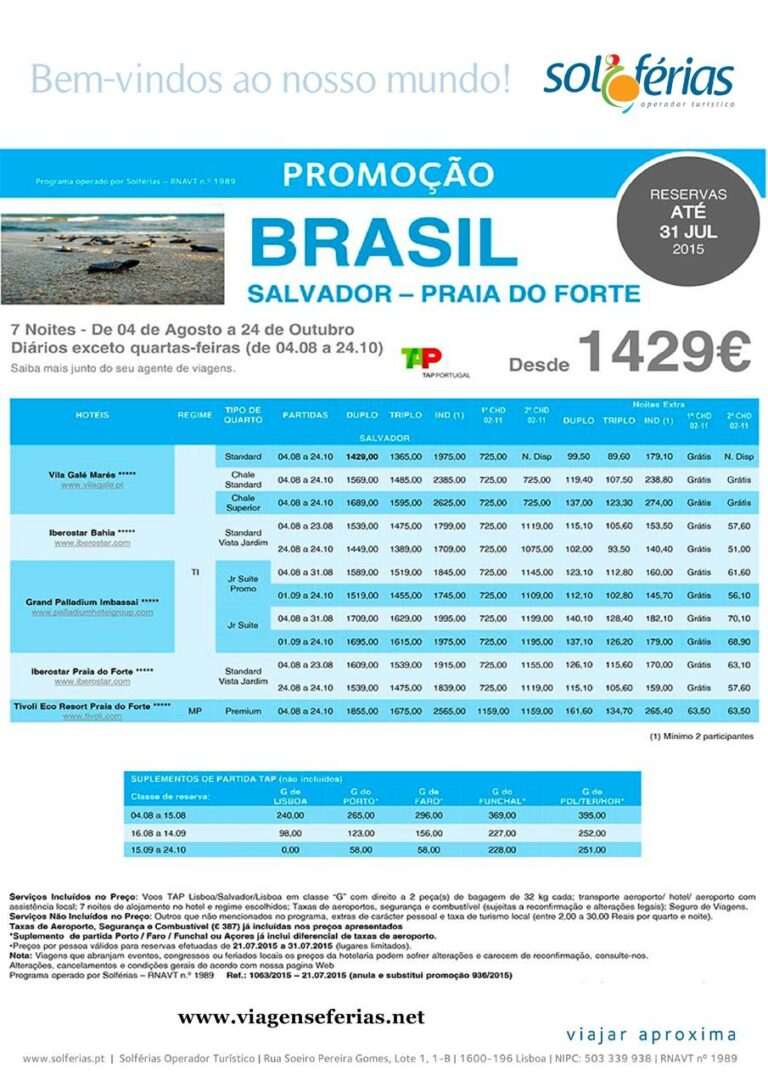 A partir de 1429€ férias nas praias de Salvador no Brasil