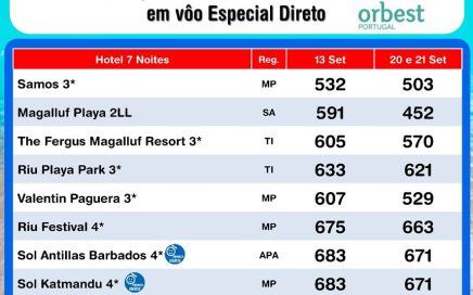 Saidas 13, 20 e 21 de Setembro do Porto pata férias na ilha de Maiorca