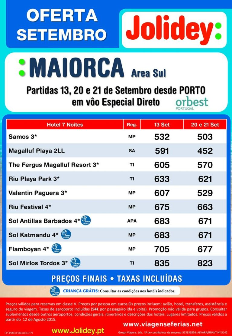 Saidas 13, 20 e 21 de Setembro do Porto pata férias na ilha de Maiorca