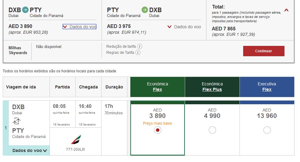 Desde 1927 euros voos Dubai-Panamá pela Emirates
