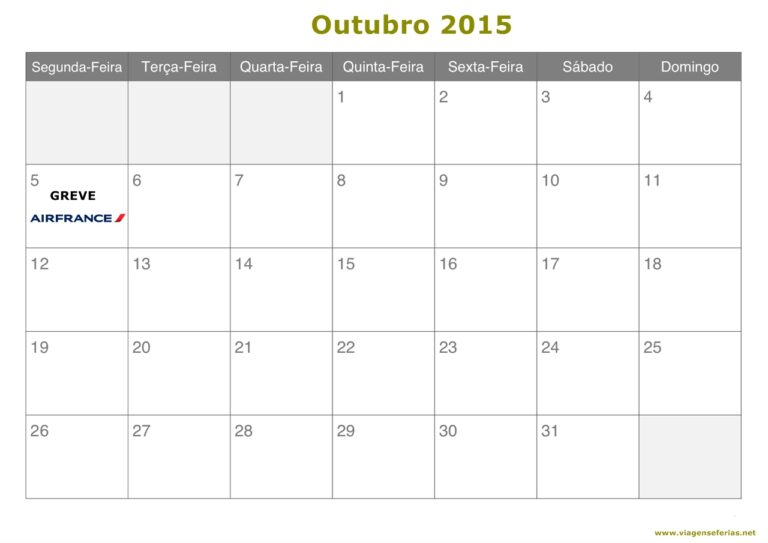 Calendário Outubro 2015 com Greve da Air France