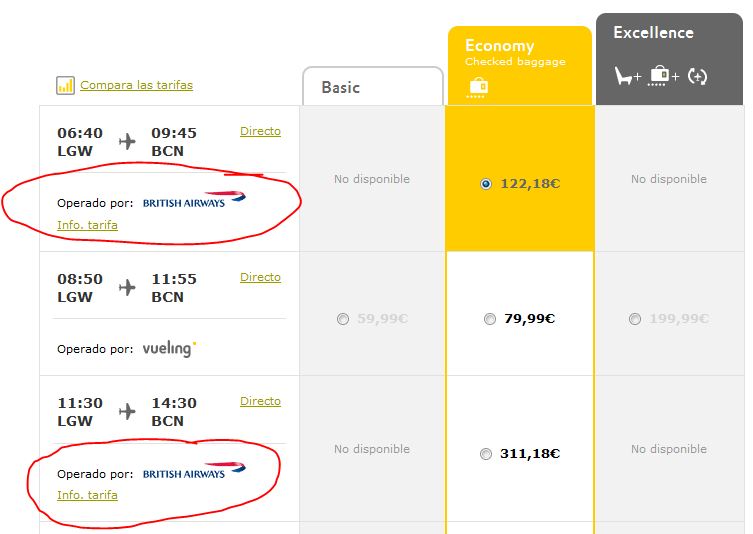 Voos da British Airways no site da Vueling (18-09-2015)