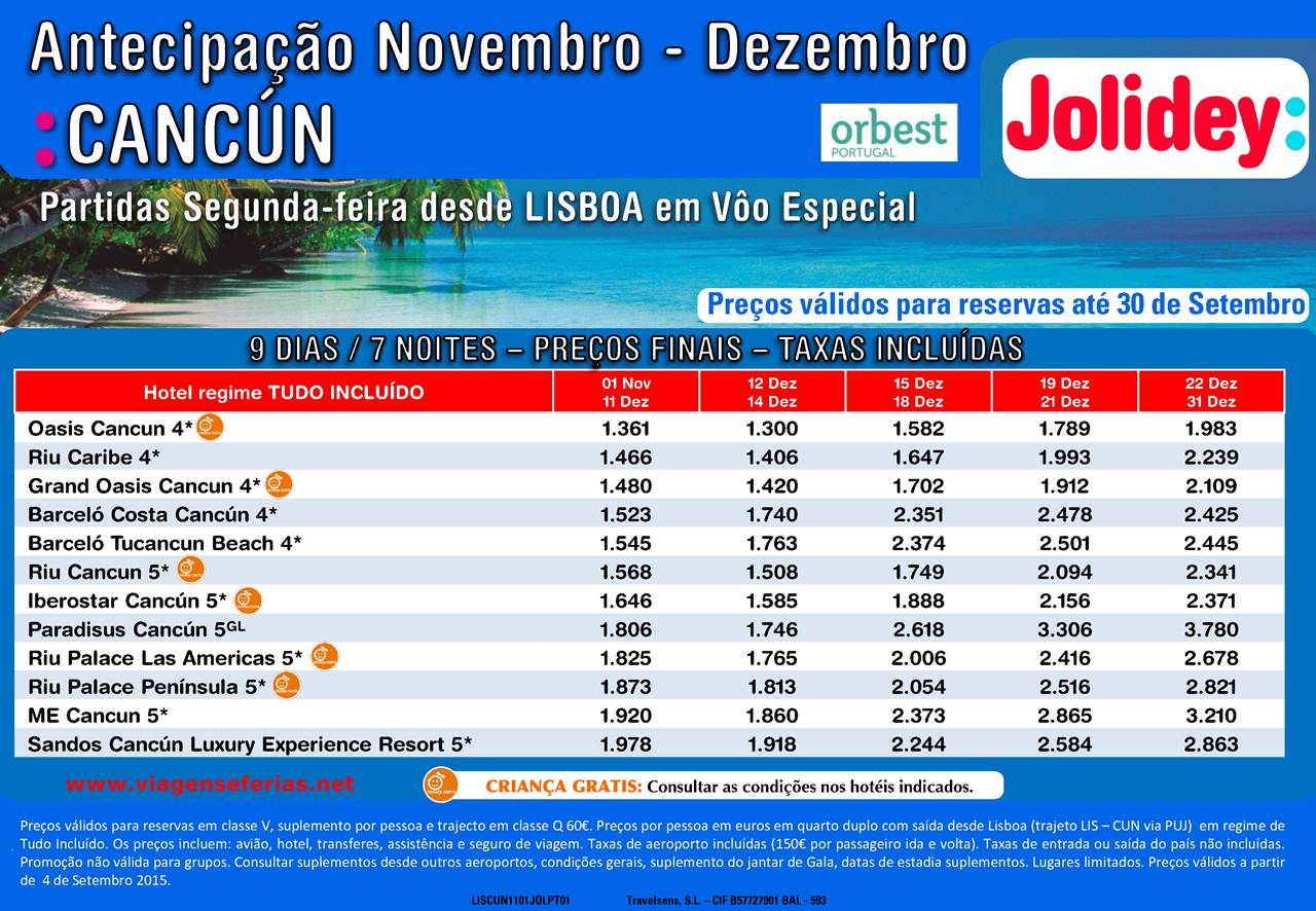 Antecipação Novembro e Dezembro em Cancun para reservas de ultima hora desde 1300 euros