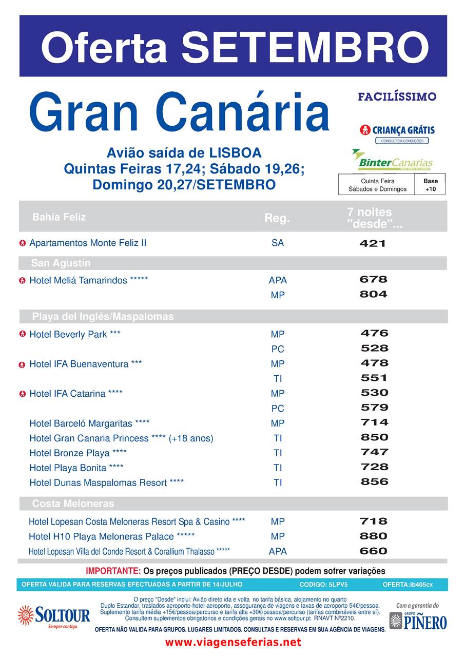Oferta de ultima hora até 27 de Setembro 2015 para Gran Canaria