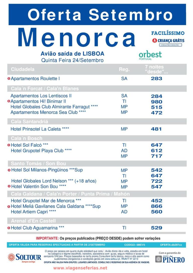 Ultimos Lugares na saída de 24 de Setembro para ilha de Menorca