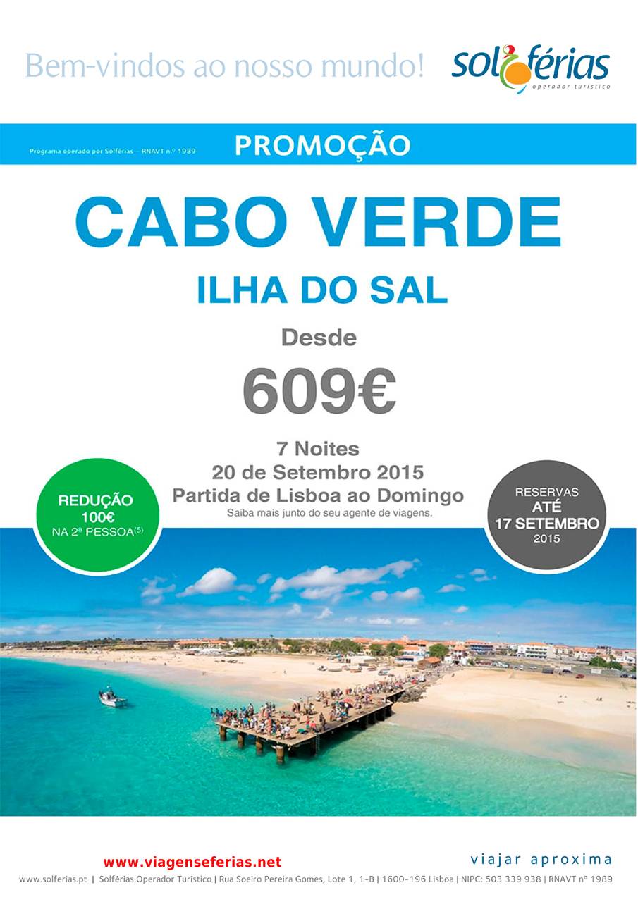 Desconto 100€ para férias na ilha do Sal a 20 de Setembro