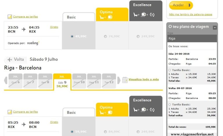Preços dos voos low cost vueling em Junho 2016 Barcelona-Riga