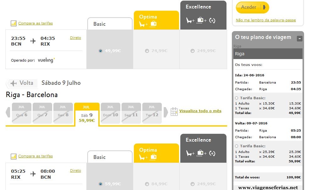 Preços dos voos low cost vueling em Junho 2016 Barcelona-Riga