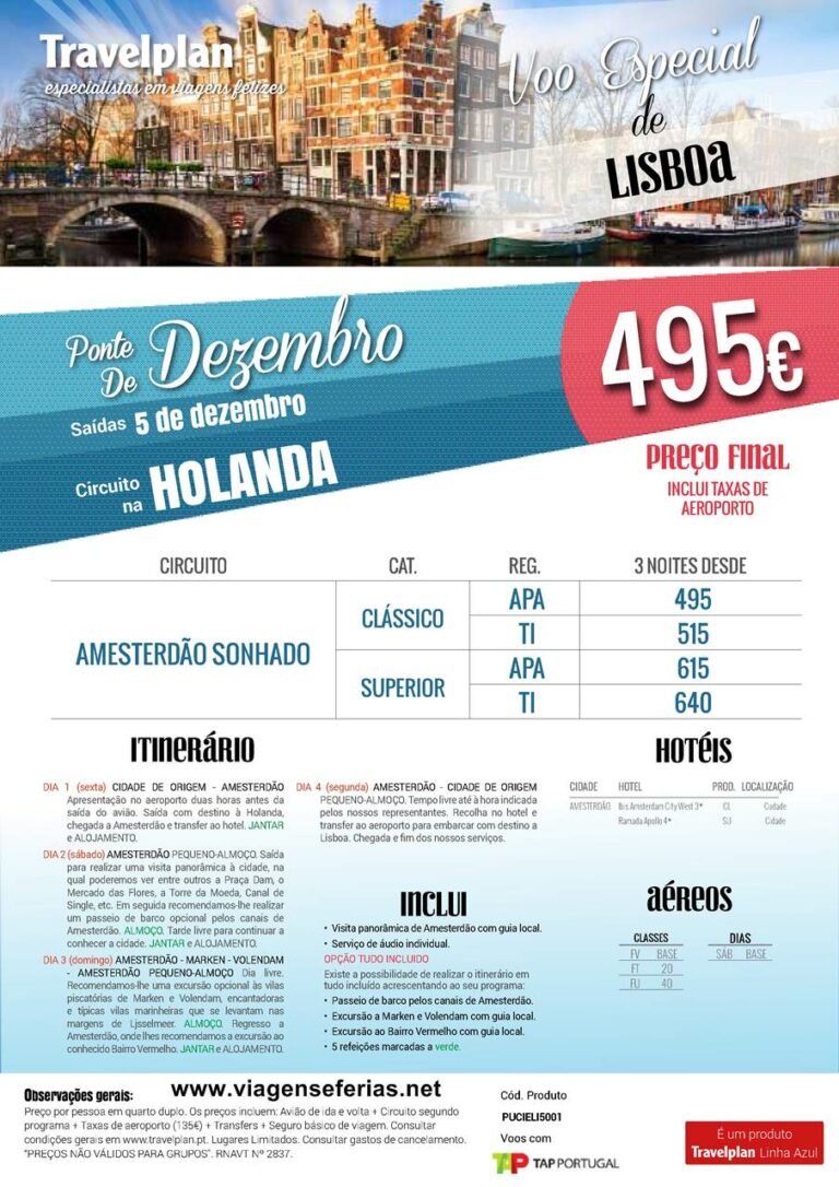 Desde 495€ programa em Amesterdão para Ponte Feirado de Dezembro