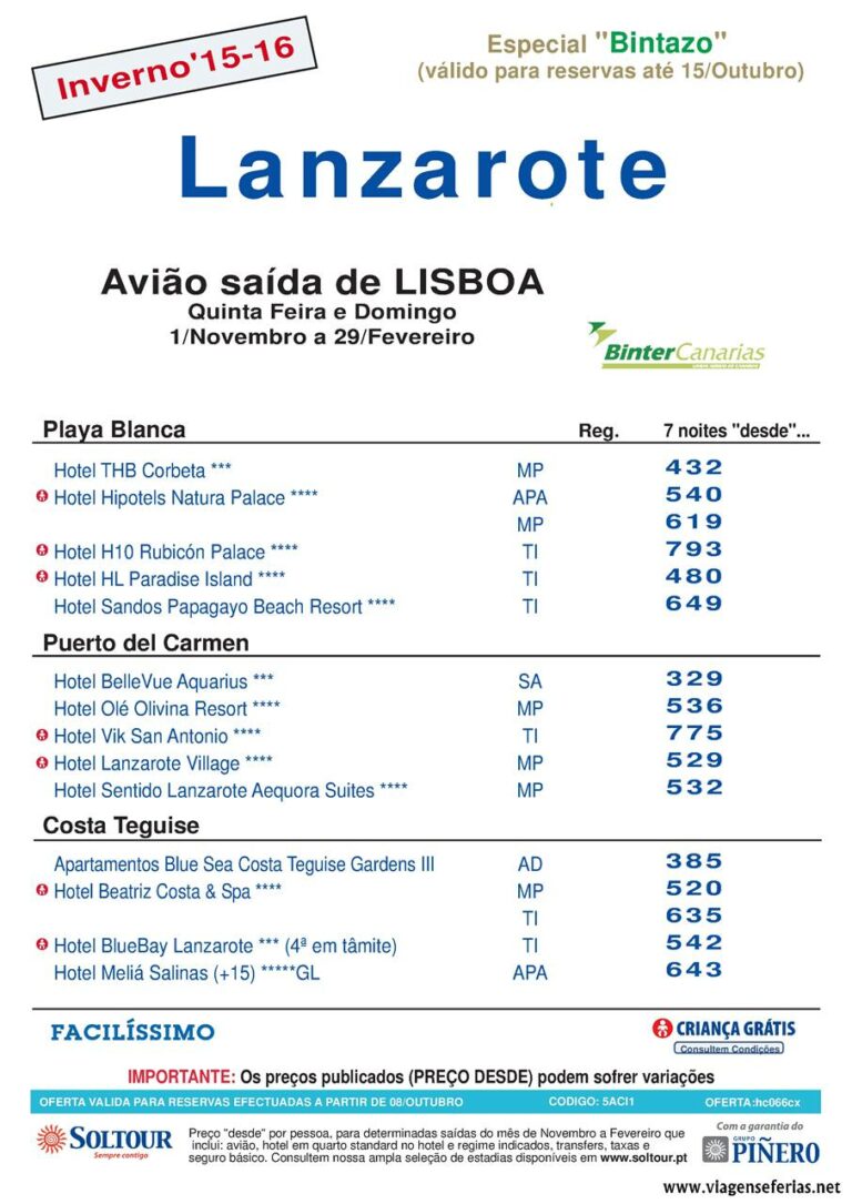 Desde 329€ Férias em Lanzarote nas Canárias durante Inverno 2015 e 2016