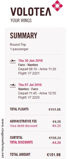 Preços Nantes-Faro em Junho e Julho na Low Cost Volotea