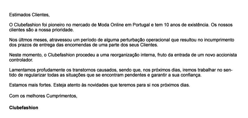 Comunicado do Clubefashion que pertence ao mesmo grupo do Netviagens